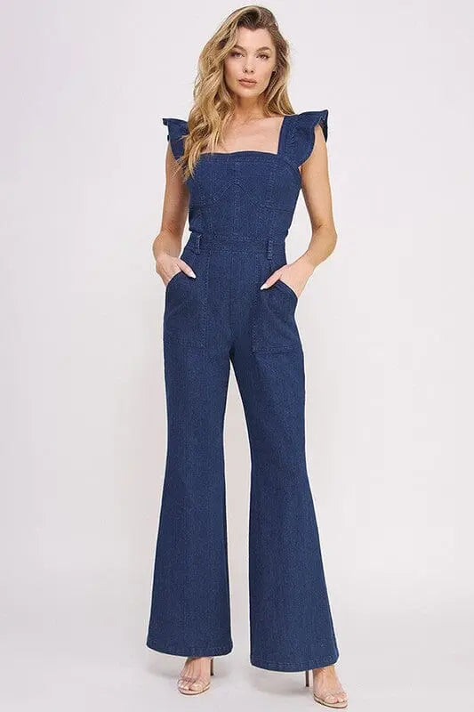 Jade By Jane Denim Ruffle Flare Leg Jumpsuit denim jumpsuit Jade By Jane DENIM S