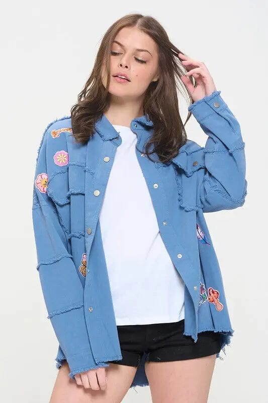 Jade By Jane Patchwork Frayed Hem Shirt Frayed hem patchwork button down shirt Jade By Jane BLUE S