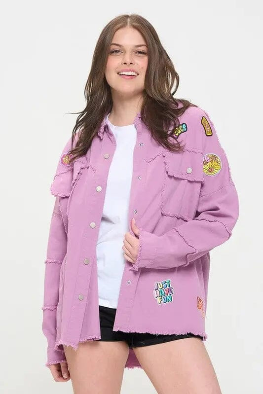 Jade By Jane Patchwork Frayed Hem Shirt Frayed hem patchwork button down shirt Jade By Jane ORCHID S