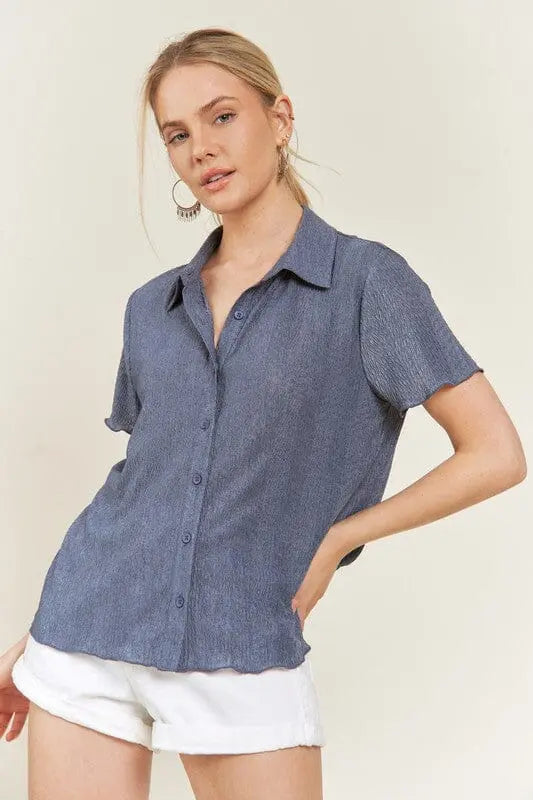 Jade By Jane Texture Button Down Shirt textured blouse Jade By Jane DENIM BLUE S
