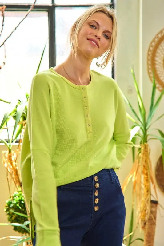 Jade By Jane Thermal Knit Pullover Top pullover knit top Jade By Jane Lime S