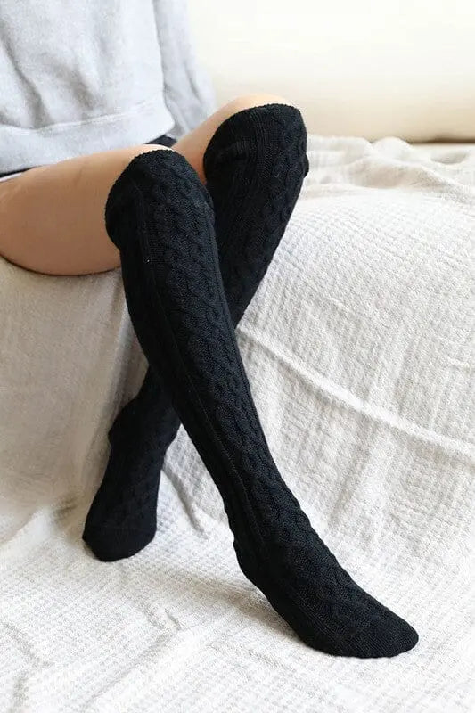 Knee High Cable Knit Socks Knee high sock Poet Street Boutique Black Default