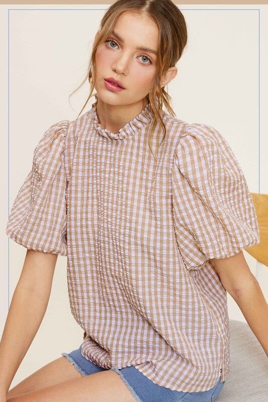 La Miel Gingham Check Print Puff Sleeve Top short sleeve blouse La Miel LATTE S 