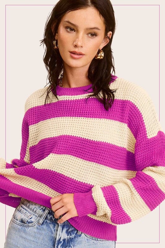 La Miel Striped Loose Fit Sweater striped sweater La Miel FUCHSIA S 