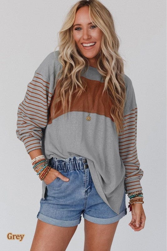 Lantern Sleeve Striped Color Block Tunic color block striped shirt Poet Street Boutique Grey S 