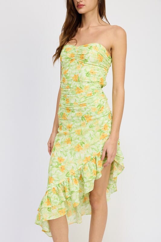 Lemon Asymmetric Ruffle Midi Dress floral midi dress Emory Park 