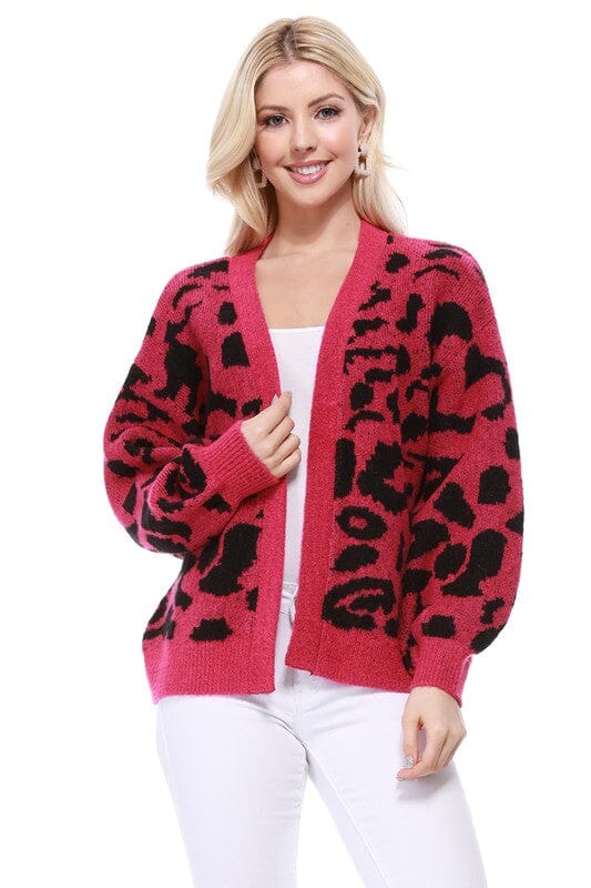 Leopard Jacquard Open Front Shrug Cardigan Mak magenta/black SM 