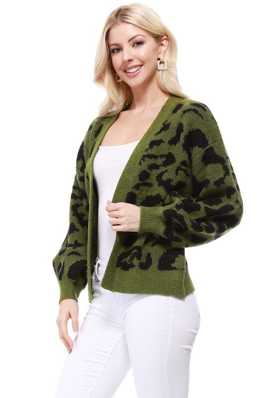 Leopard Jacquard Open Front Shrug Cardigan Mak sage/black SM 