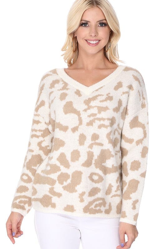 Leopard Pattern Jacquard Sweater Pull Over Top Mak Ivory/Taupe S 