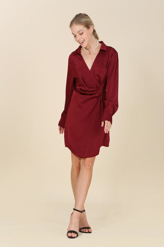 Lilou Satin Collared Wrap Mini Dress satin wrap dress Lilou Wine S 