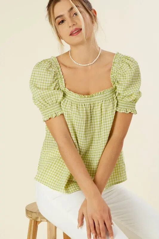 Lilou Smocked Short Sleeve Blouse Lilou Green gingham S 