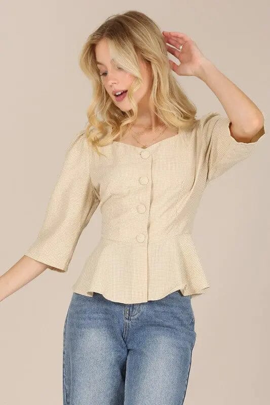 Lilou Striking Gingham 3/4 Sleeve Button Blouse Lilou Striking Gingham 3/4 Sleeve Button Blouse Lilou Beige check S 