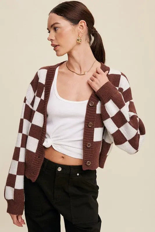 Listicle Bold Gingham Weaved Crop Spring Cardigan checkered crop cardigan Listicle Red Bean L 