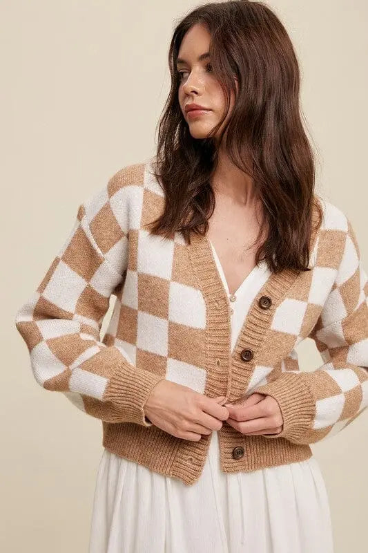 Listicle Bold Gingham Weaved Crop Spring Cardigan checkered crop cardigan Listicle Taupe L 