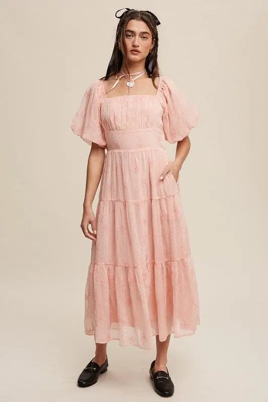 Listicle Flower Embroidered Puff Sleeve Tiered Maxi Dress embroidered tiered dress Listicle 