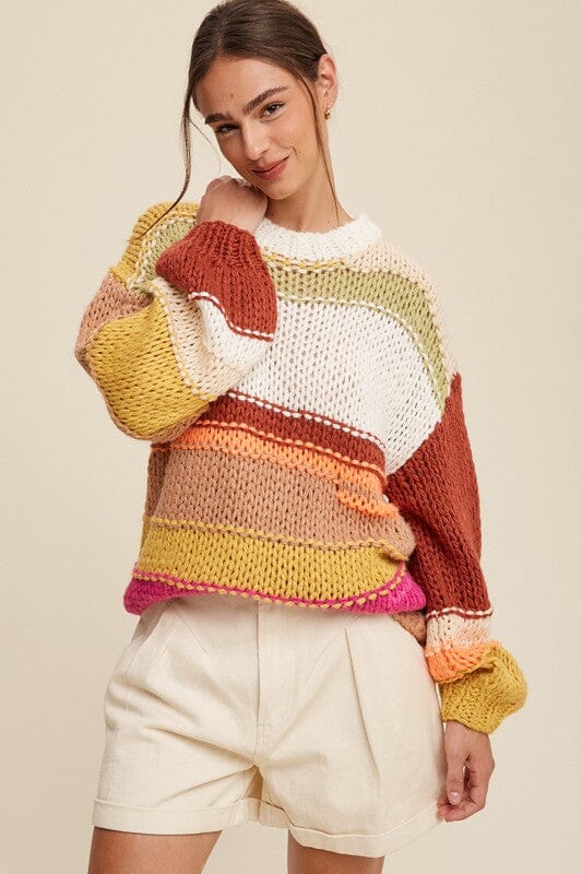 Listicle Open Mixed Knit Hand Crochet Sweater knit striped sweater Listicle 