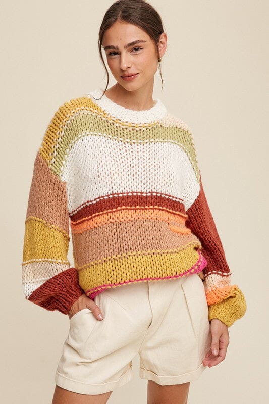 Listicle Open Mixed Knit Hand Crochet Sweater knit striped sweater Listicle Brick Multi S 