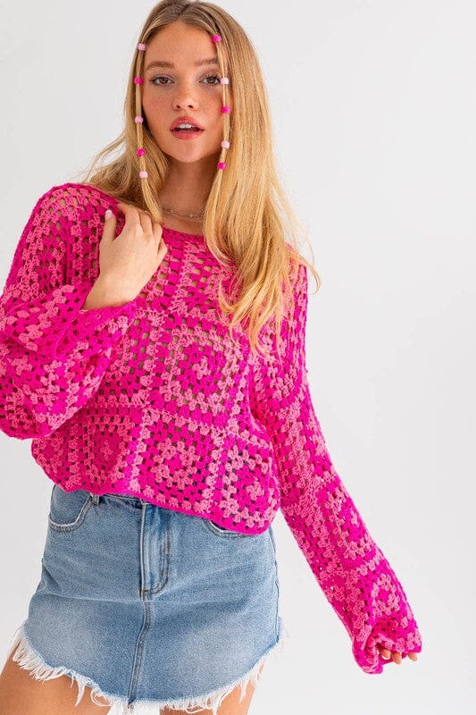 Long Sleeve Crochet Top LE LIS PINK-FUCHSIA XS 