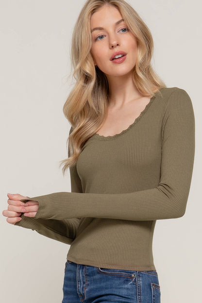 Scoop Neck Lace Trim Rib Knit Top