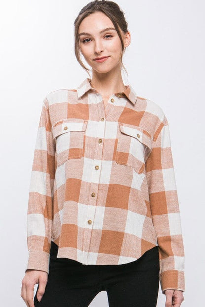 Love Tree Lightweight Plaid Button Down Top Lightweight plaid shirt Love Tree CAMEL S 