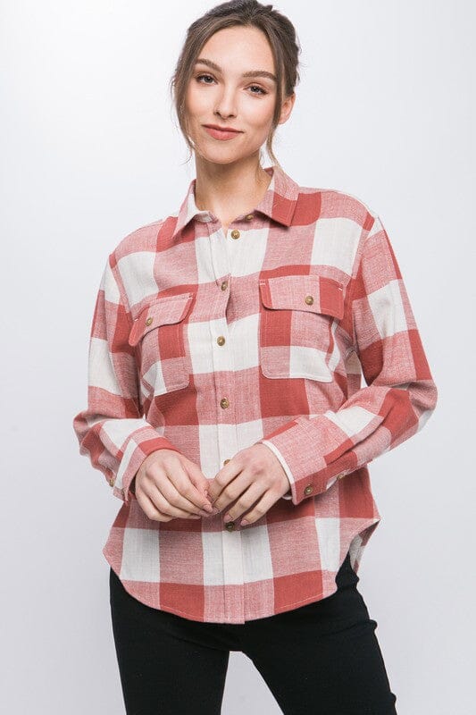 Love Tree Lightweight Plaid Button Down Top Lightweight plaid shirt Love Tree CLAY S 