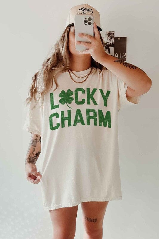 LUCKY CHARM ST PATRICKS OVERSIZED GRAPHIC TEE ALPHIA IVORY S/M 