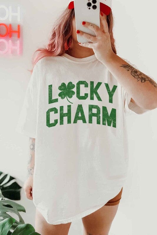 LUCKY CHARM ST PATRICKS OVERSIZED GRAPHIC TEE ALPHIA WHITE S/M 