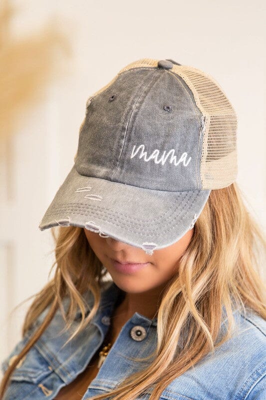 Mama Embroidered Messy Bun Hat distressed Mama hat Poet Street Boutique Black 1 