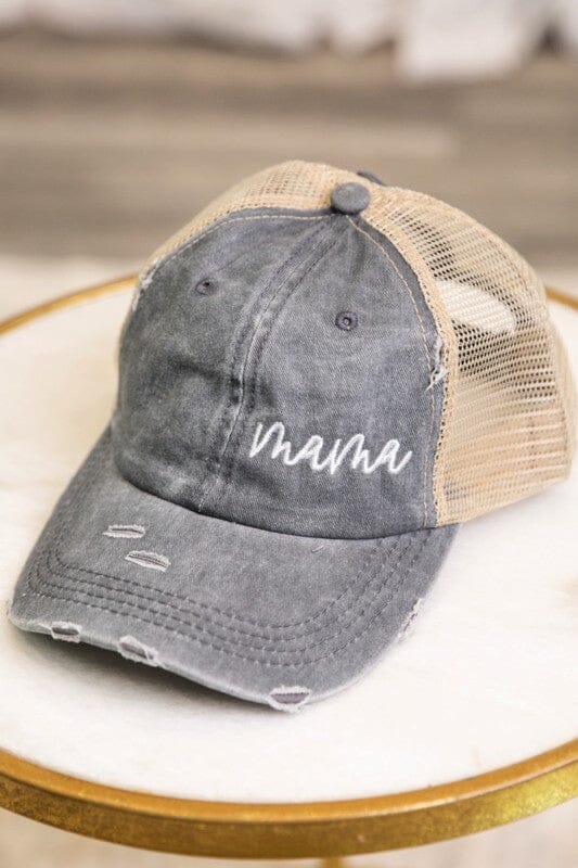 Mama Embroidered Messy Bun Hat distressed Mama hat Poet Street Boutique Gray 1 