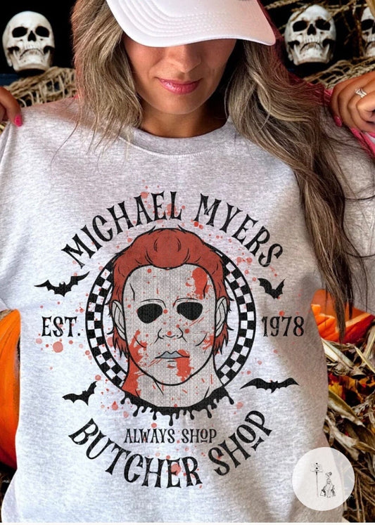 Michael Myers Butcher Shop Graphic Sweatshirt graphic sweatshirt Poet Street Boutique Ash Grey Small 