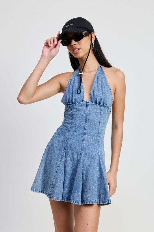 MINI HALTER NECK DENIM DRESS Emory Park DENIM S 