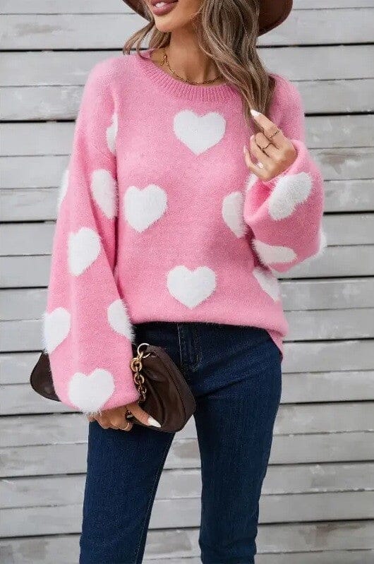 Miss Sparkling Fuzzy Knit Heart Sweater Pink and white heart sweater Miss Sparkling Pink S 