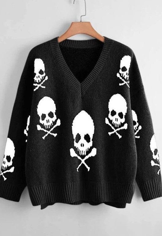 Miss Sparkling Skull V-neck Sweater skull sweater Miss Sparkling Black S 