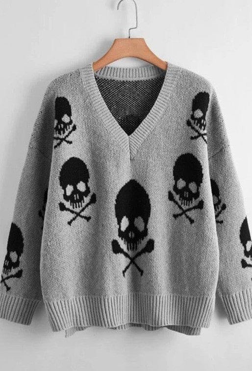 Miss Sparkling Skull V-neck Sweater skull sweater Miss Sparkling grey S 