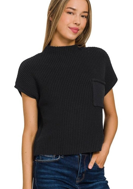 Mock Neck Short Sleeve Cropped Sweater ZENANA BLACK S 