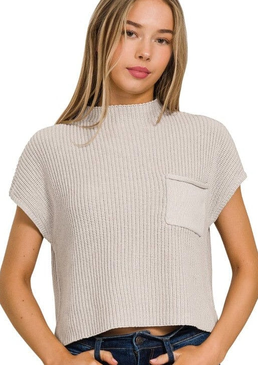 Mock Neck Short Sleeve Cropped Sweater ZENANA BONE S 
