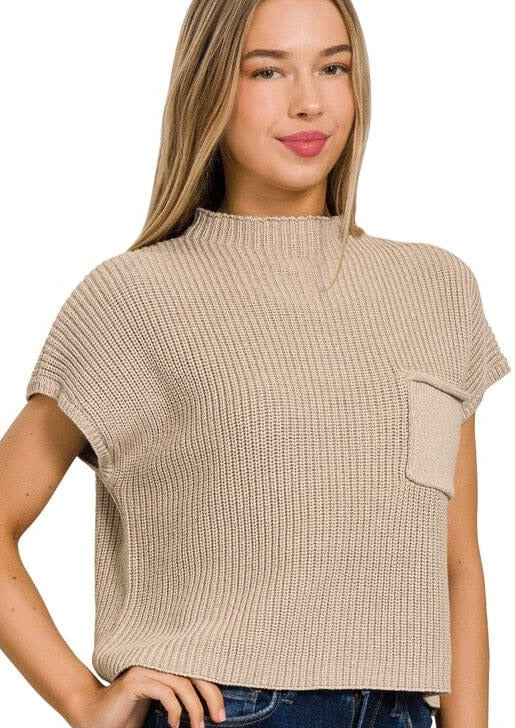 Mock Neck Short Sleeve Cropped Sweater ZENANA LT MOCHA S 