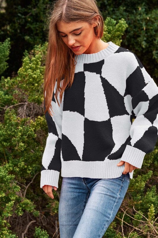 Multi Geo Checker Knit Sweater geometric sweater Davi & Dani WHITE BLACK S 