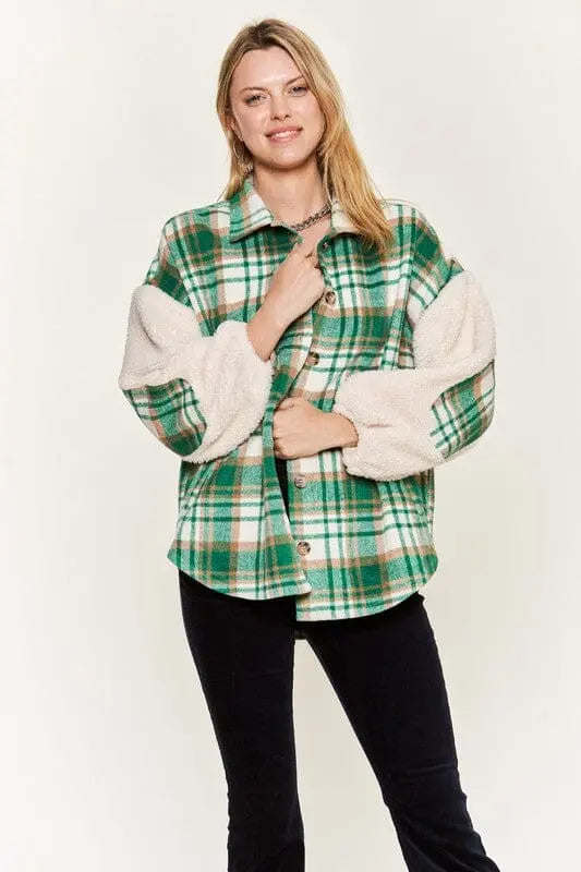 Multi plaid fuzzy sleeve jacket JJO1023 Jade By Jane Green S