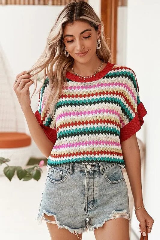MultiColor Stripe Ruffle Short Sleeve Sweater Multi Color Stripe Ruffle Short Sleeve Sweater Poet Street Boutique 
