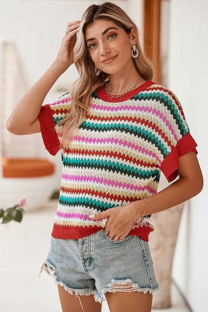 MultiColor Stripe Ruffle Short Sleeve Sweater Multi Color Stripe Ruffle Short Sleeve Sweater Poet Street Boutique one color S 