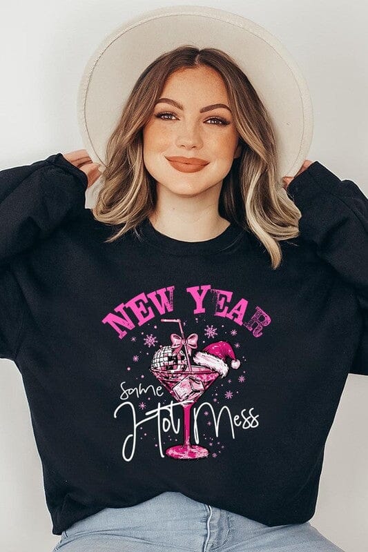 New Year Same Hot Mess Graphic Fleece Sweatshirt Color Bear BLACK S 