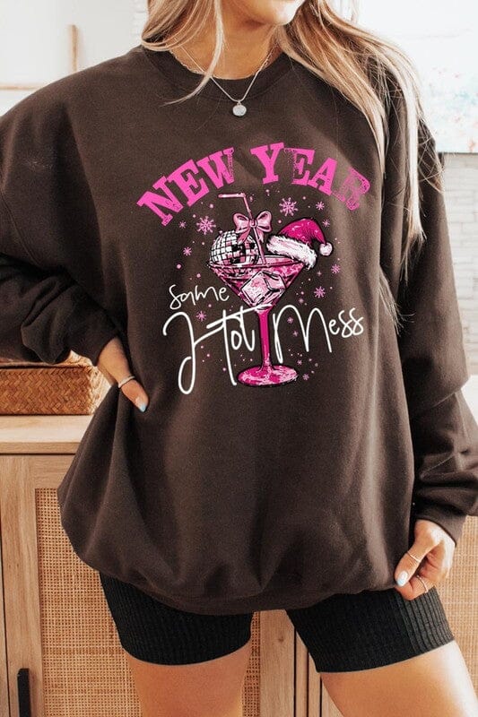 New Year Same Hot Mess Graphic Fleece Sweatshirt Color Bear DARK CHOCOLATE S 