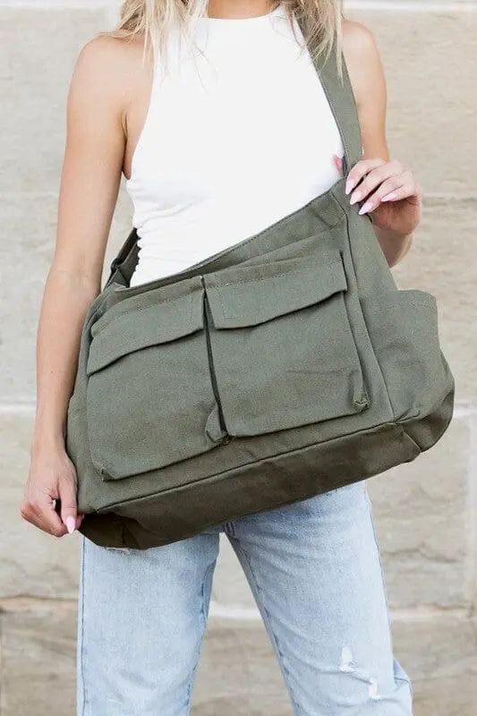 Nova Oversize Canvas Messenger Bag Aili's Corner Olive OneSize