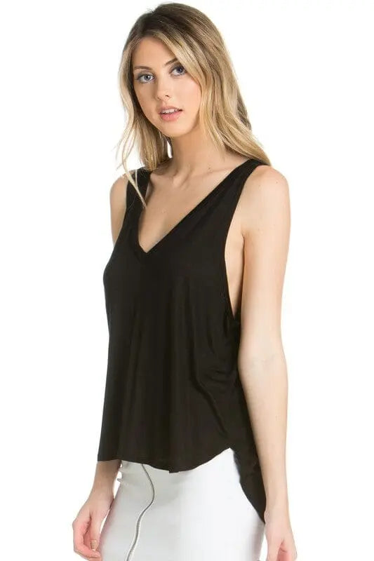 O2 Cotton High Low V-Neck Open Side Tank low side tank O2 Denim Black S