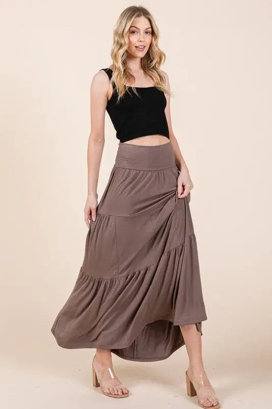 Orange Farm Solid Tiered Ruffle Skirt tiered maxi skirt Orange Farm Clothing MOCHA S