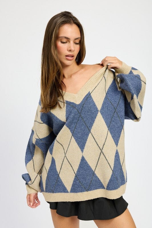 OVERSIZED ARGYLE SWEATER Emory Park TAN COMBO S 