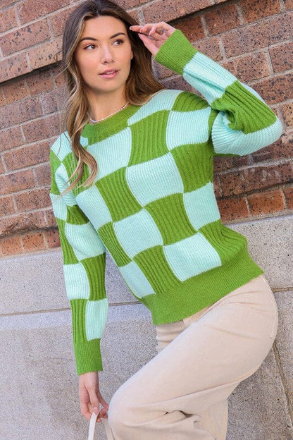 Oversized Checkboard Sweater checkerboard sweater Lumiere GREEN/LIGHT BLUE S 