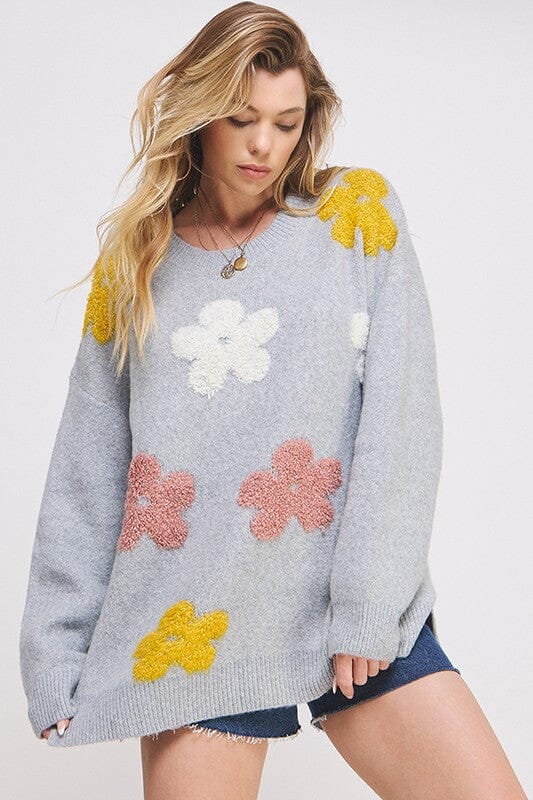 OVERSIZED LONG SLEEVE FLORAL GRAPHIC KNIT SWEATER Jade By Jane 