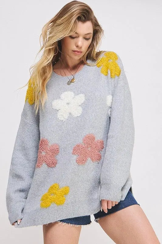 OVERSIZED LONG SLEEVE FLORAL GRAPHIC KNIT SWEATER Jade By Jane